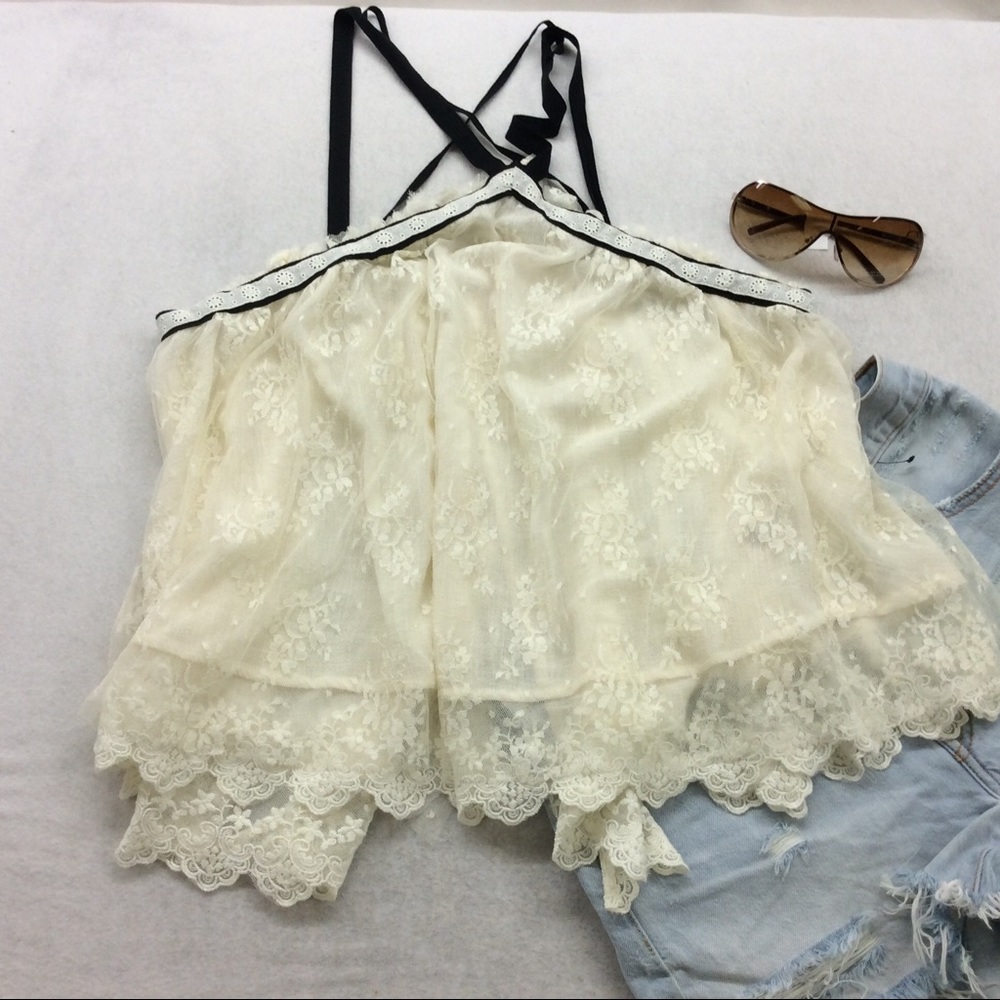 Free People Cream Lace Boho Open Back Tank Top New